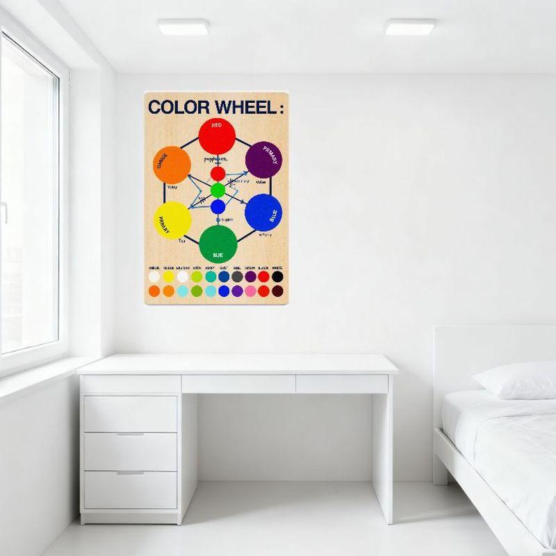 Wooden Color Wheel Art Metal Tin Sign, Color Mixing Theory Chart with Swatches, Educational Decor for Classroom Home Office Man