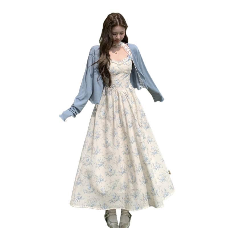 Plus Size French Retro Print Suspender Dress & Cardigan Set