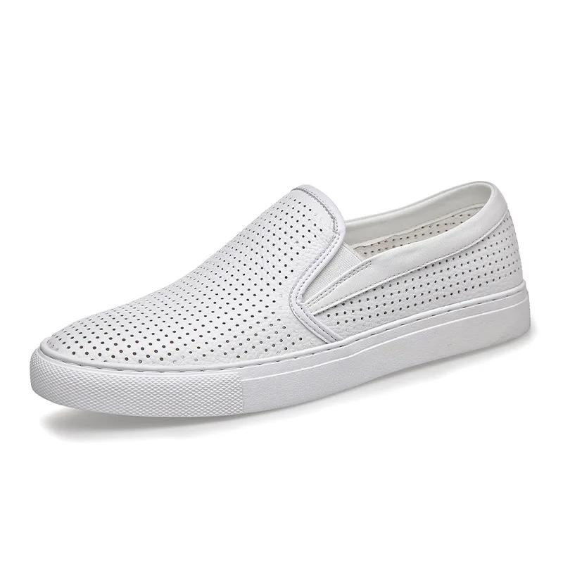 New Fashion Men Genuine Leather Casual Shoes Spring Summer Breathable Micropore White Flat Shoes Leisure Leather Sandals