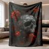 Gothic Skull With Vivid Red Rose Dark Background Vintage Tattoo?Style Pattern Flannel Blanket Warm Cozy Printed Throw Blanket