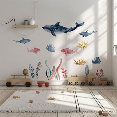 Unterwasserwelt Wandsticker Hai Korallen Meeresbewohner für Kinder Badezimmer Glastür Dekoration