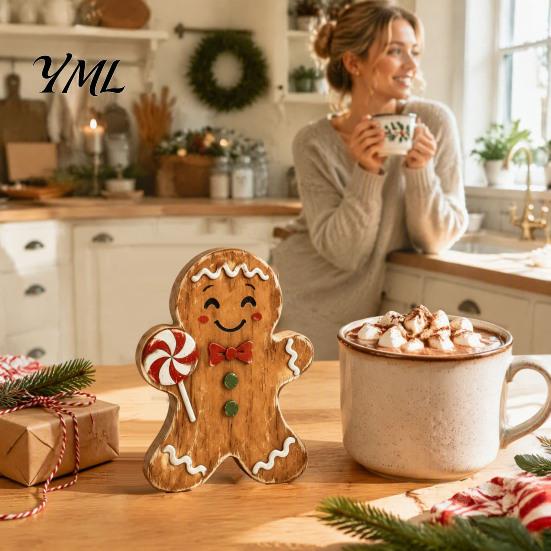 Décor de Table de Fête Noël Décor en Bois Homme en Pain d'Épice, Pain d'Épice Rustique, Figurines Maison en Sucre d'Orge, Ornements de Cheminée de Noël