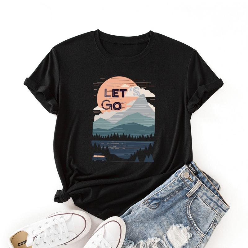 LingMeng Casual Fashion Creative Summer Sunrise Women's T-shirt Sunset Print Pattern Round Neck Loose Women's Tops Enjoy Life