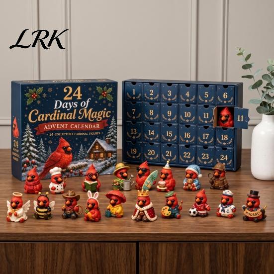 Numbered Hidden Drawer Box Red Bird Christmas Advent Calendar, 24 Unique Miniature Holiday Ornament Set Figurines, Tree Hanging Ornaments for