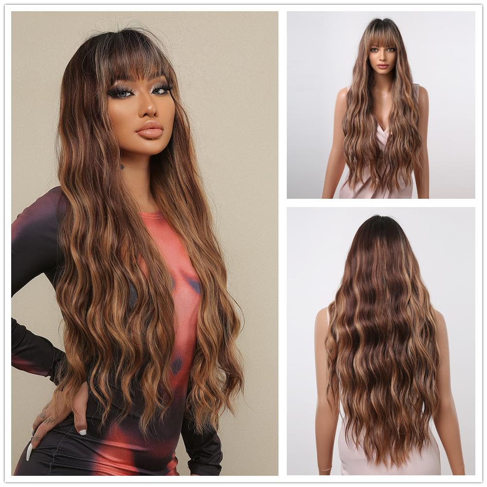 ALAN EATON פאה חומה גלית ארוכה עם פוני פאות סינתטיות לנשים שחורות עמידות בחום סיבים קוספליי מסיבת פאת שיער טבעי