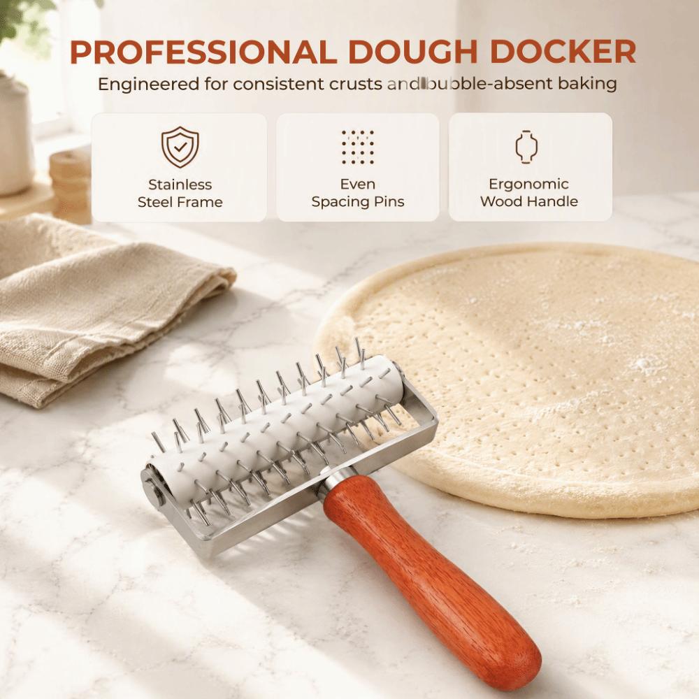 Stainless Steel Dough Docker Wooden Handle Pizza Dough Roller Baking Tool Homemade Baking