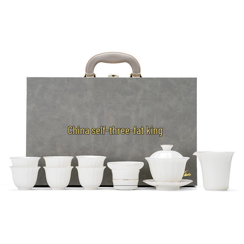 Mutton Fat Jade Dehua White Porcelain Tea Set: 10-Piece Gaiwan for Corporate or Household Gifts