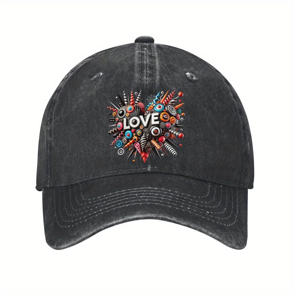 Abstract Love Heart Graphic Print Denim Baseball Cap Casual Adjustable Unisex Cotton Hat for Outdoor Sports