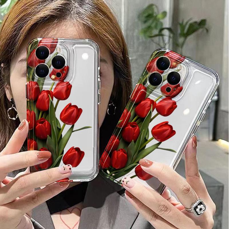 Red Tulip Clear Phone Case For Xiaomi Redmi Note 14 5G 12 13 Pro Plus 14 12S 12 11 10 12C 13C 14C 4G Cute Floral TPU Back Cover