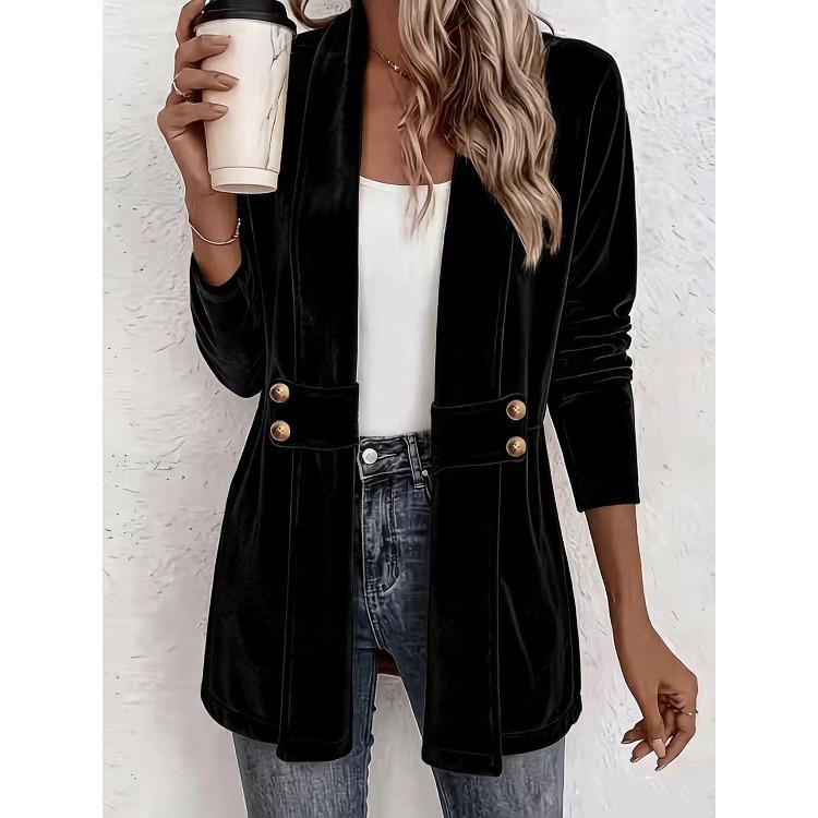 Dames Fluwelen Cardigan met Lange Mouwen Dubbele Rij Knopen Goudkleurig Casual Lange Buitenjas