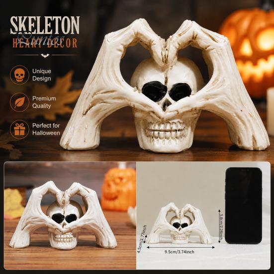 Halloween Desktop Decoration Gothic Skeleton Hands Heart Sculpture with Skull, Romantic Love Statue, Secret Room Horror Display Shape Finger