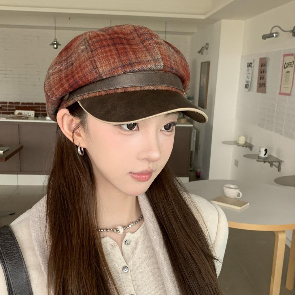 Women S Vintage Plaid Wool Blend Newsboy Cap With Leather Brim Fall Winter Korean Style Versatile