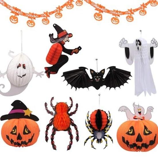 Halloween Decorations 3D Lantern Hanging 9-piece Set Paper Ghost Spider Witch Foldable Pumpkin Bat Party Goods Haunted House Decoration