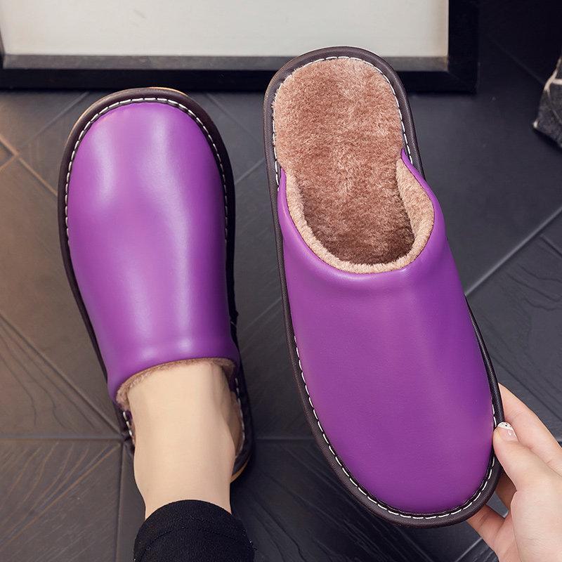 Non-Slip Waterproof Winter Leather Slippers for Couples - Warm Plush Indoor Footwear