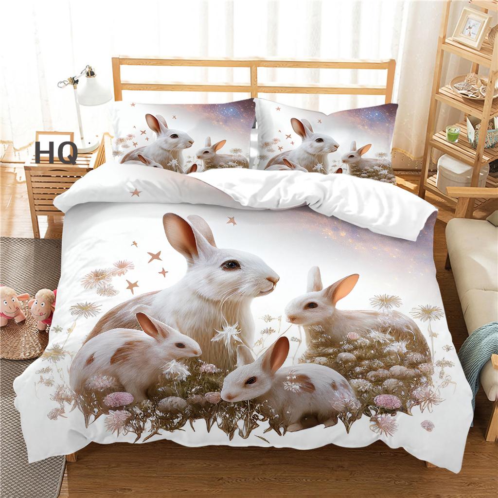 Pasen-thema beddengoedset voor thuis, konijnprint, dekbedovertrek, kussensloop, laken/tweepersoonsbed, 2/3-delige slaapkamerdecoratie