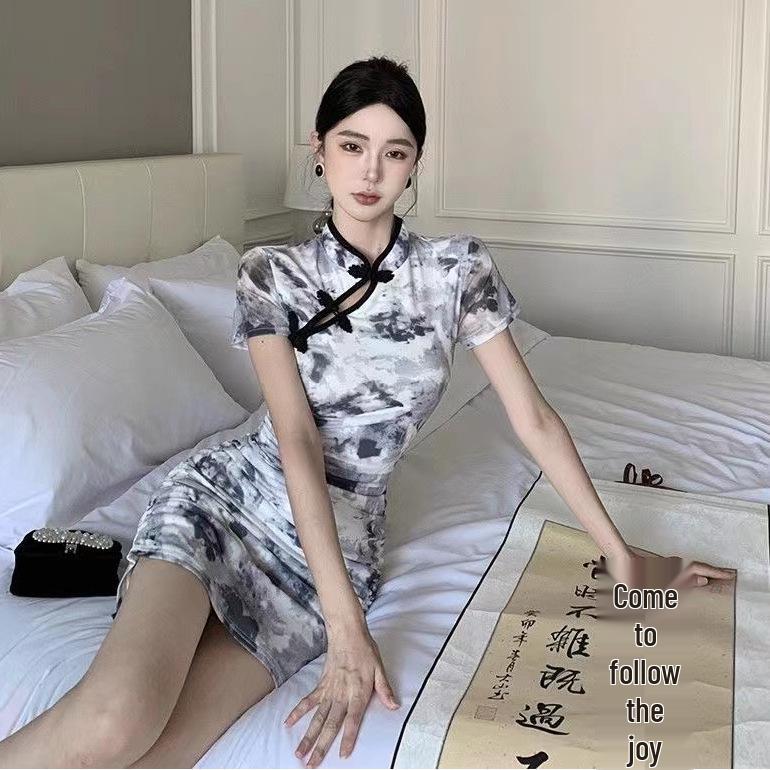 Retro Tie-Dye Graffiti Cheongsam Dress with Frog Buttons - Women's Summer Slim Waist Short Skirt