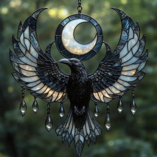 Crescent Moon Raven Suncatcher Gothic Acrylic Crow Sun Catcher Bohemian Window Hanging Decoration for Home Wall Porch