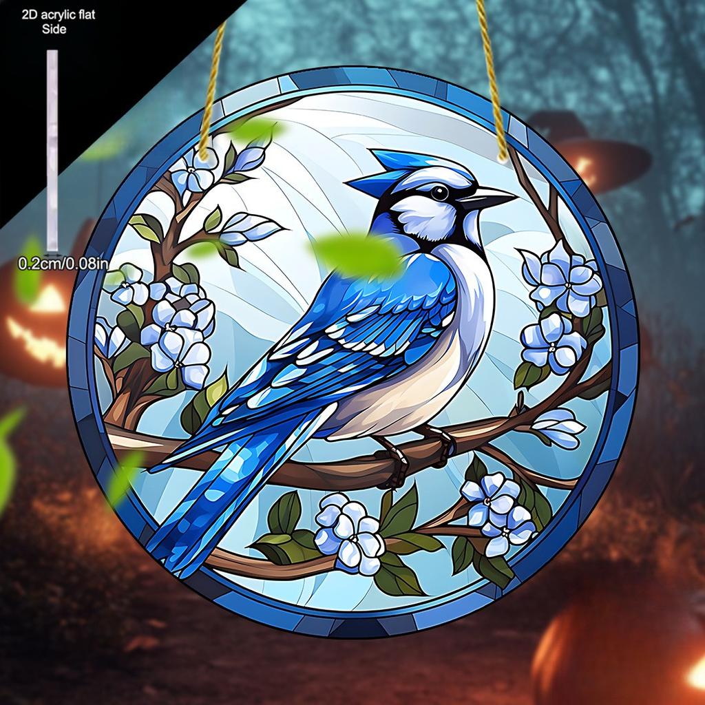 Suncatcher - Garden Decor with Vibrant Blue Bird & Flowers, Natural Style Window Hanging for Home, Nurseries, Vintage Home Decor Wall for Bar Kitchen