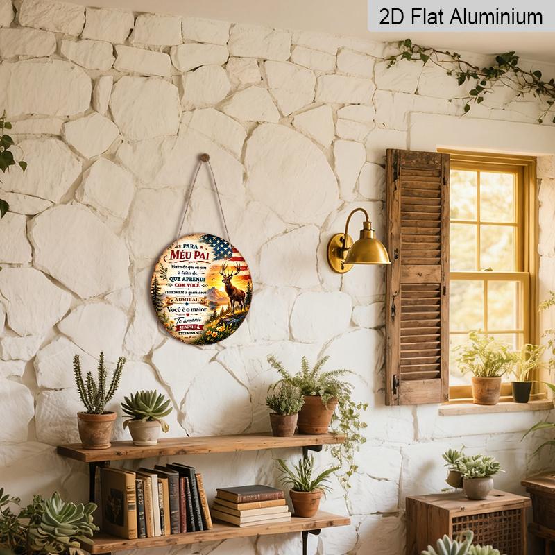 2D Flat, 1pc Portuguese Fathers Day Aluminum Sign, Vintage Deer Sunset Patriotic Design, "Para Meu Pai" Quote Decorative Sign for Home, Pub, Cabin