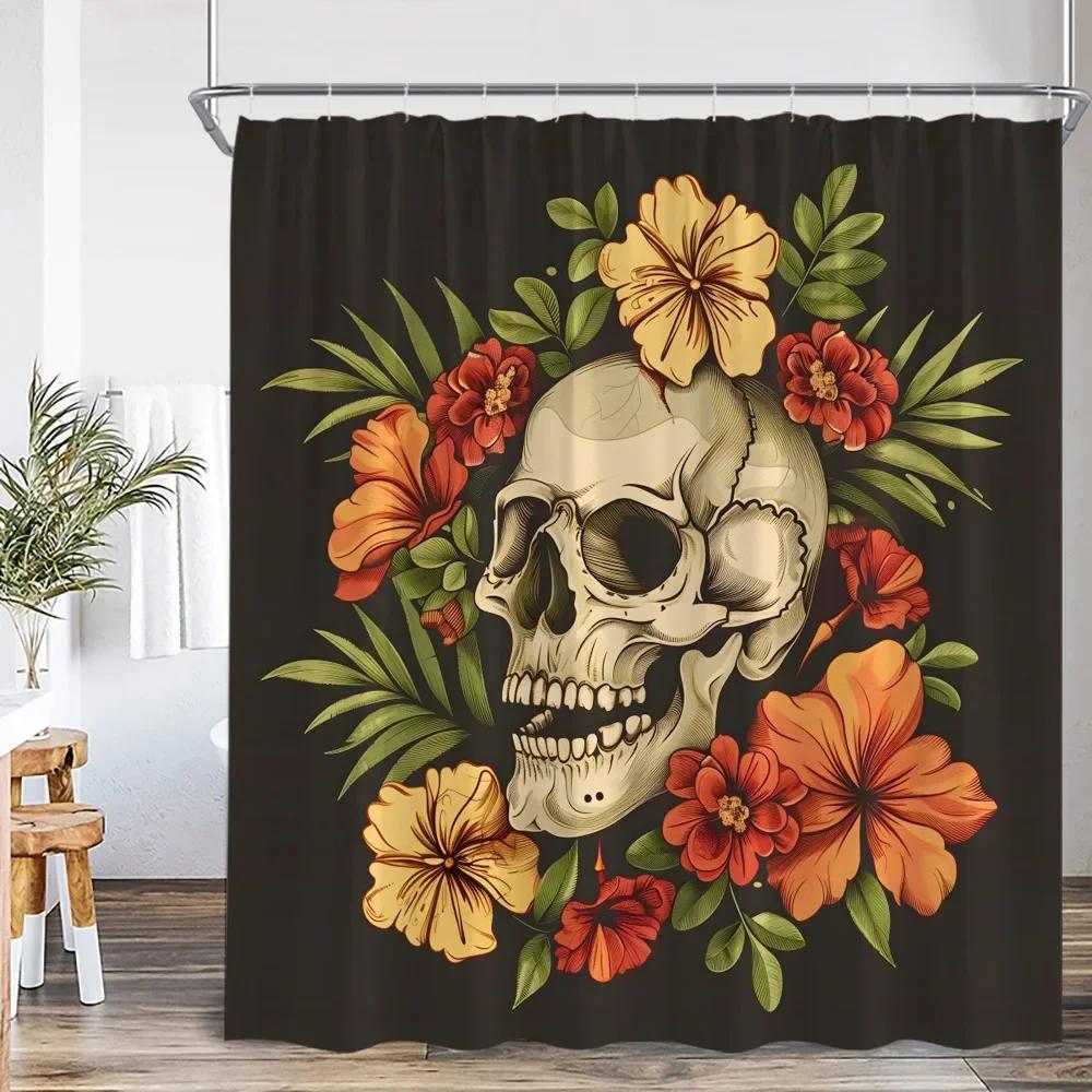 Bohemian Skull Flower Shower Curtain Flower Vintage Plant Leaves Happy Halloween Bathroom Decoration Polyester Bathtub Curtain