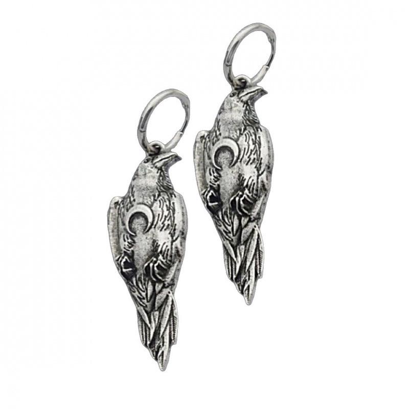 Viking Raven Necklace & Silver Earrings Set - Nordic Men's Gift, Pagan Crescent Witch Jewelry