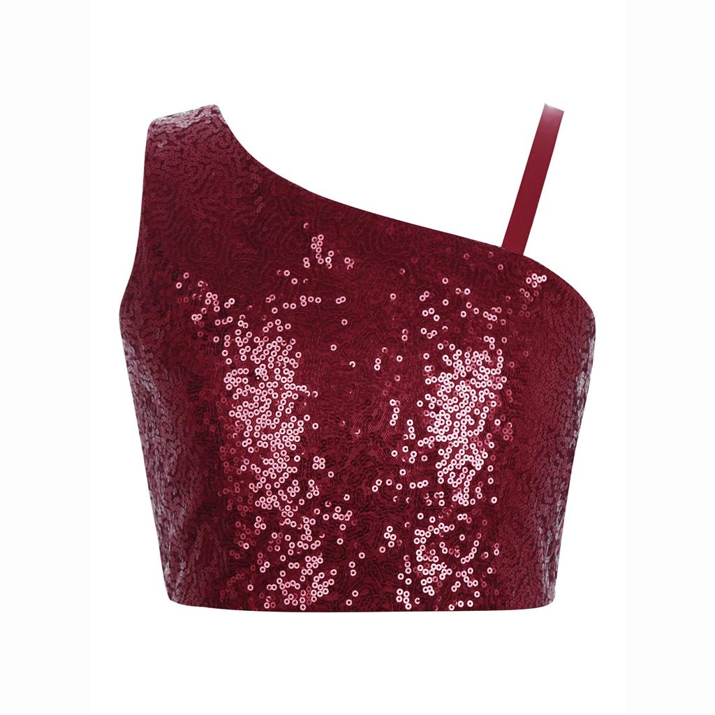 Girls Solid Color Spaghetti Strap Sleeveless Off Shoulder Sparkly Sequin Tops Banquet Wedding Celebration Top