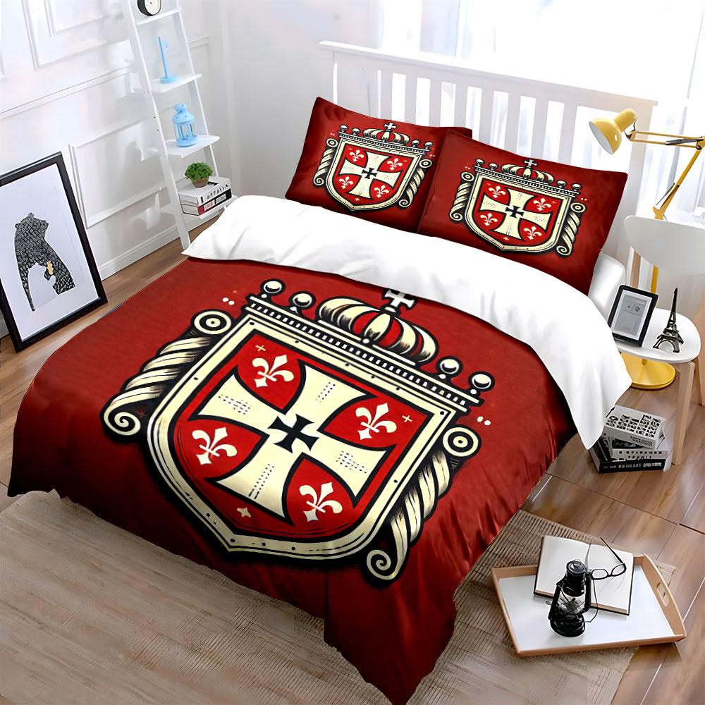 Red Royal Shield with Cross Bedding Duvet Cover Set Duvet Cover Pillowcases (1*Duvet Cover 2*Pillowcases, Without Duvet Insert)