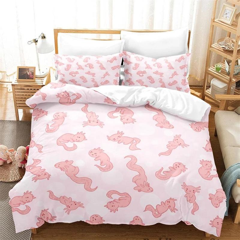 Kawaii Animal Axolotl Print Bedding Set Single Twin Full Queen King Size Bed Set Aldult Kid Bedroom Duvetcover Set 3D Anime