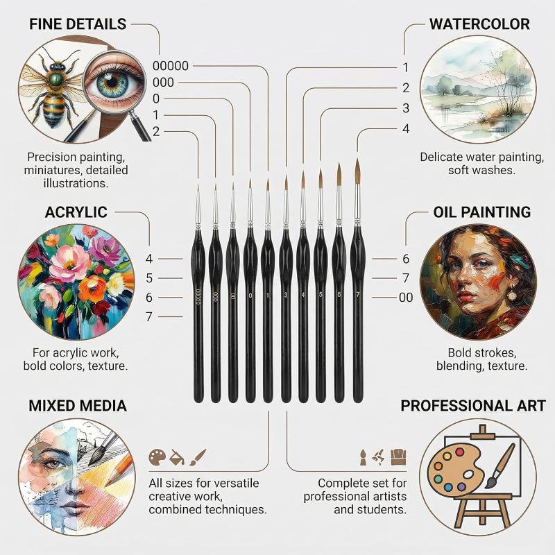 11Pcs Precision Paint Brush Set For Fine Detail - Durable Miniature Brushes With Micro Tips For Model & Art Paint