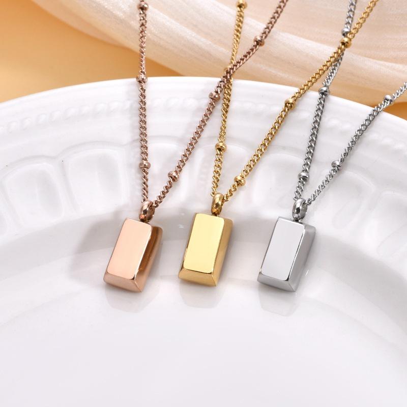 18K Gold-Plated Titanium Steel Necklace: Colorfast Geometric Square Pendant On Internet Celebrity Bead Chain