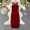 Estate Donna Senza Maniche Ufficio Business Maglione Lavorato a Maglia Patchwork Rete Guaina Aderente Abiti Midi