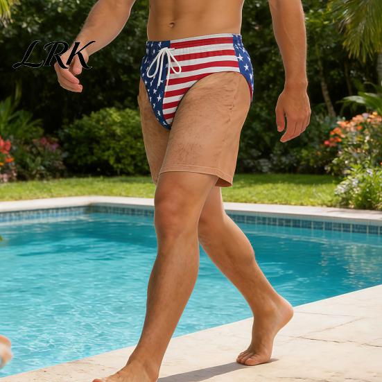 Fun Patriotic Printed Swimwear Funny Men Shorts, Stars And Stripes Beach Flag Pattern Vacation Gear Drawstring Waist Swim Trunks for Summer Vacation,
