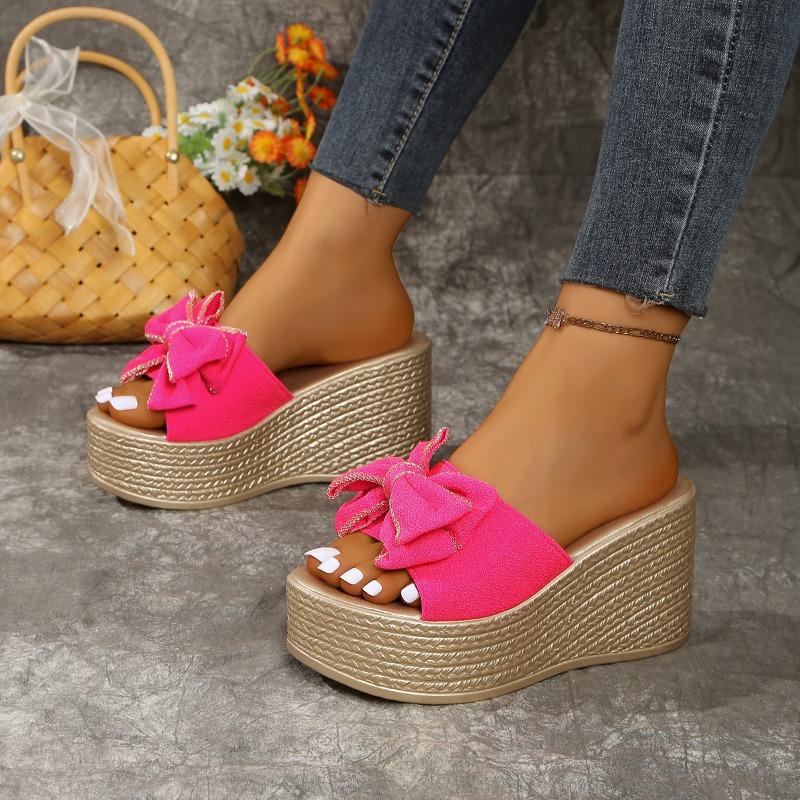 Fashionable High-heeled Slippers, Summer Waterproof Platform, Bow, Comfortable and Elegant Women's Shoes Large-sized Wedge Heels