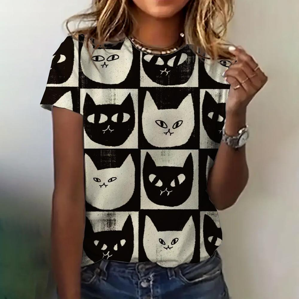 T-shirt pour femme imprimé chat 3D, vêtements d'été, col rond, mode, manches courtes, élégant, décontracté, ample, vêtements pour femmes