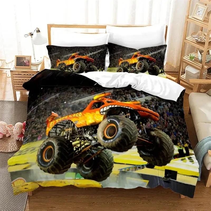 Cartoon Monster Truck Cool Vehicle Off Road Vehicle Bedding Collection Boys Girls Twin Queen Size Duvet Cover Pillowcase Bed Kids Adult