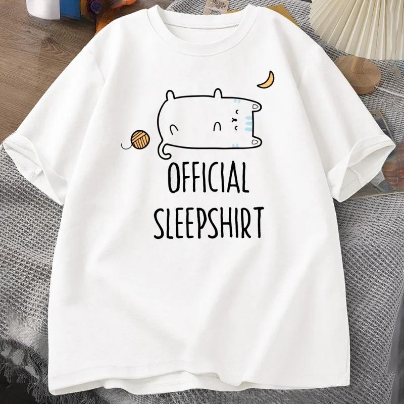 Funny Cat Sleep T-shirt Cute Kitten Tshirt Casual Short Sleeve T Shirt Women Clothing Summer Round Neck Tops Streetwear
