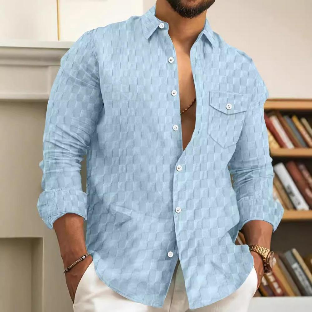Men's Checkered Chest Pocket Lapel Long Sleeved Shirt