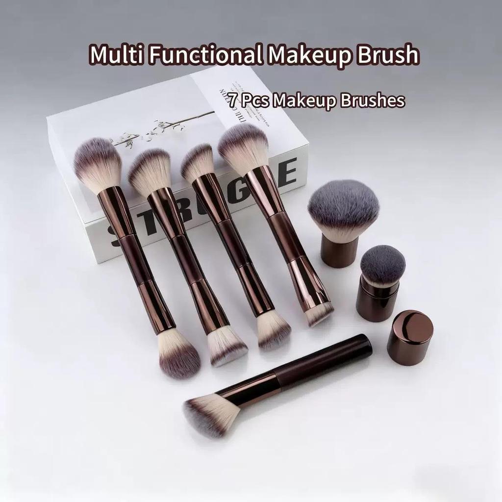 7-Piece Portable Double-Ended Makeup Brush Set: Includes Foundation, Loose Powder, Blush, and Contour Brushes