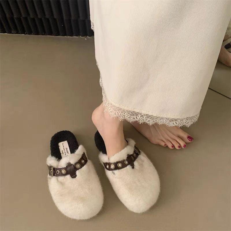 Platte Schoenen Bont Dames Katoenen Pantoffels Designer Gesp Kort Pluche Muiltjes Schoenen 2025 Trend Winter Casual Warm Knus Sneeuwlaarzen Voor Dames