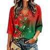 Women's Casual V-Neck 3/4 Sleeve Christmas Print Top