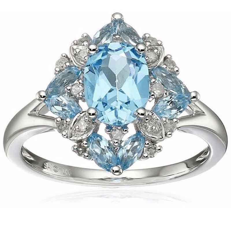 Prächtige versilberte Ringe mit oval geschliffenem natürlichem blauem Saphir und Strasssteinen