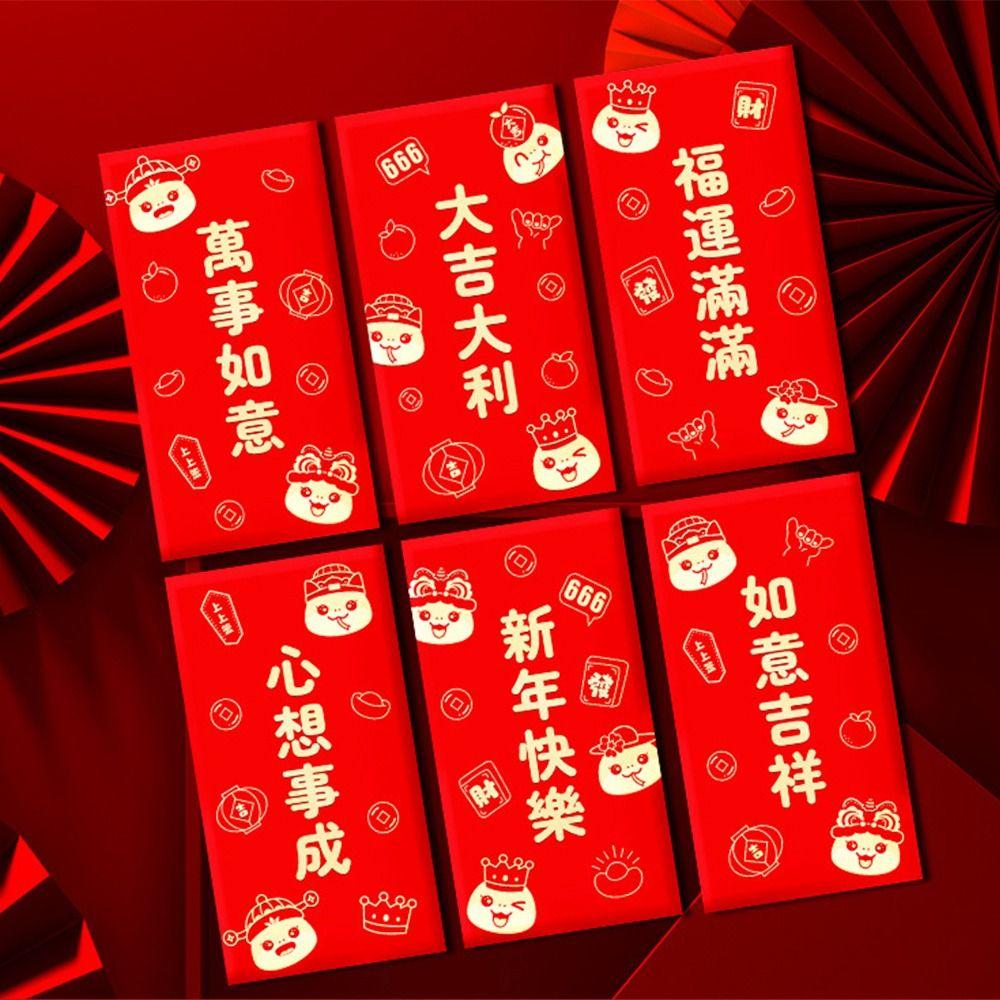 6 stuks Chinese Stijl Chinees Slang Jaar Rode Envelop Zegen Schattige Geluksgeldzak Traditionele Hongbao Geluk Rode Portemonnee