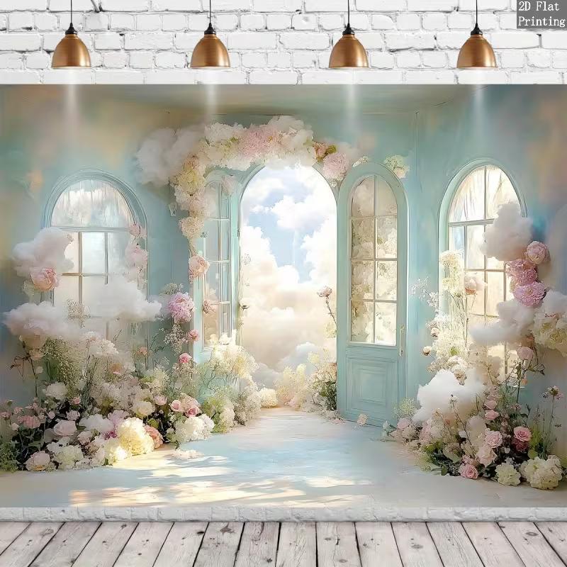 Enchanted Blue Window Floral Backdrop Romantic Garden Door Cloudy Sky Party Background