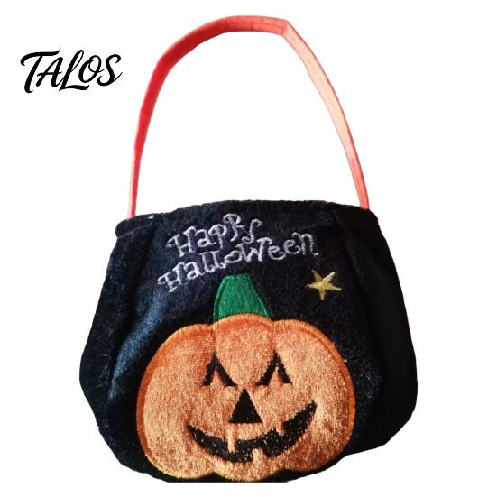 Halloween Trick or Treat Bucket, 9.8x5.9 Inch Pumpkin Witch Black Cat Plush Tote Bag, Soft Candy Basket with Handle for Halloween Party Favors