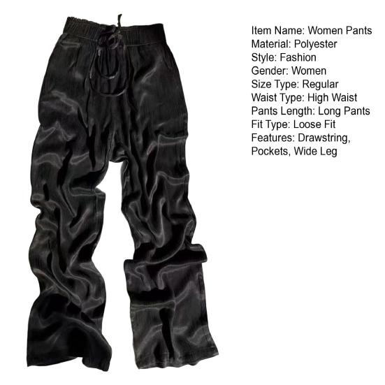Women Casual Pants Elastic Waist Adjustable Drawstring Straight Wide Leg Trousers with Pockets Solid Color Loose Fit Long Pants