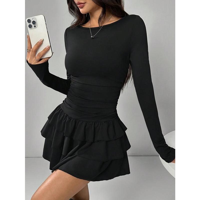 JPNTKY Fashion Autumn Winter Solid Color Print Long Sleeve O-Neck Casual Dresses Unique Design