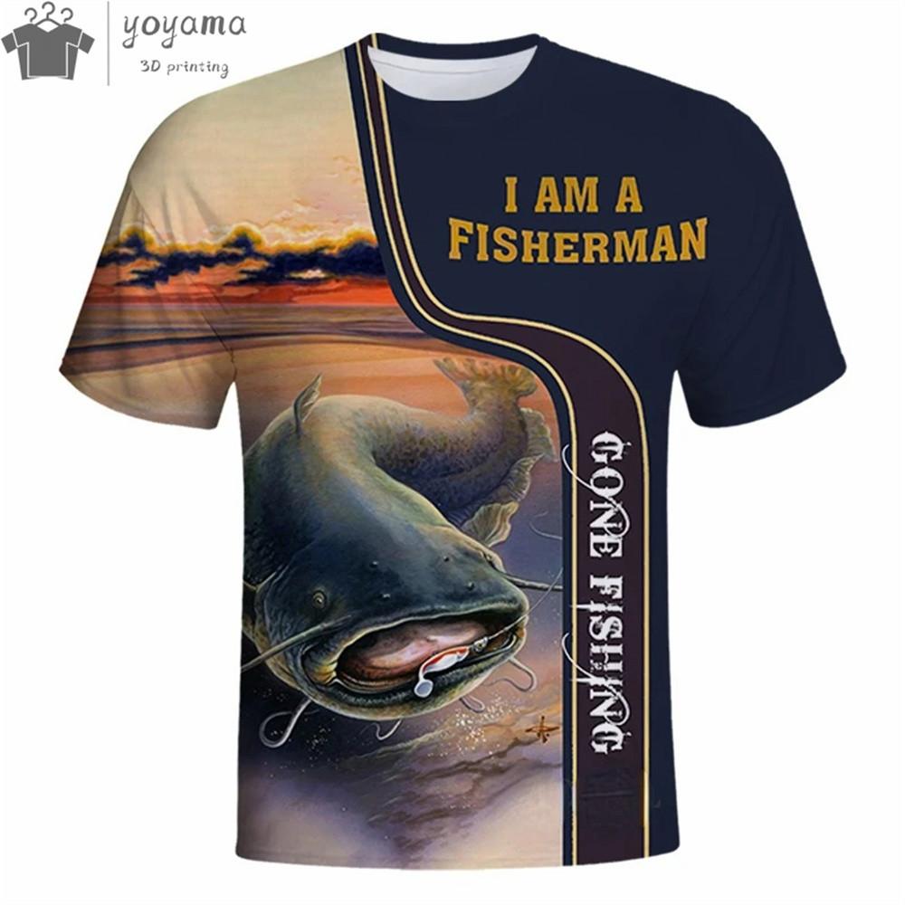 Summer men's T-shirt 3D catfish print short sleeved outdoor fishing sports fashionable casual round neck top oversized T-shirt