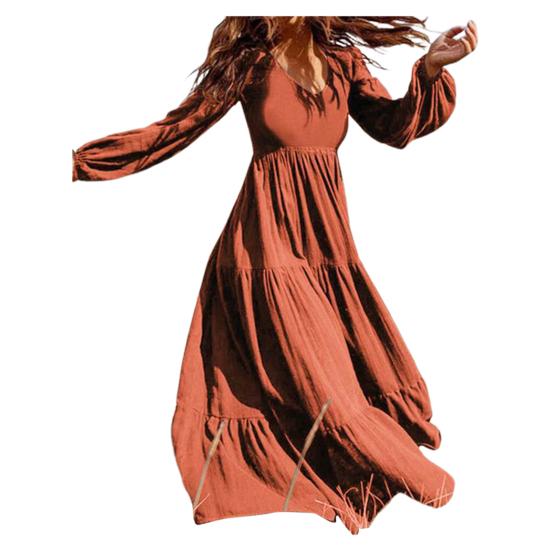 Dames Lente Herfst Jurk Ronde Hals A-lijn V-hals Geplooide Lange Mouwen Effen Kleur Grote Swing Uitgaan Shoppen Vakantie Maxi Jurk