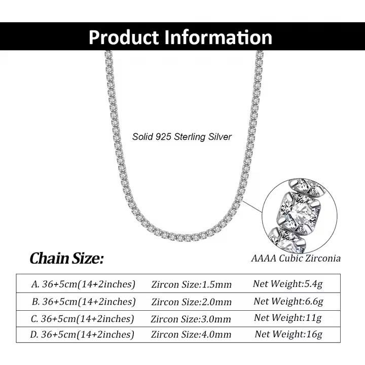 Tennis Necklace Rhodium Plated Round Diamond Cut Zirconia 925 Sterling Silver Sweater Chain for Women Men Jewelry
