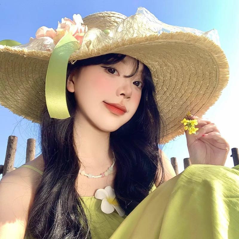 Flower bow lace raffia straw hat women's seaside beach vacation style big brim sun protection sun hat